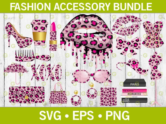 18 Pink Leopard Fashion Accessories SVG Bundle, Designer Fashion SVG, Drip Lips SVG, Fashion Accessory svg, Lips svg, Coffee Cup Svg