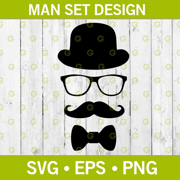 Man Set Svg, Hat Svg, Bow Tie Svg, Glasses Svg, Moustache Svg, Vintage Svg, Disguise Svg, Svg Cut File, Cricut Svg