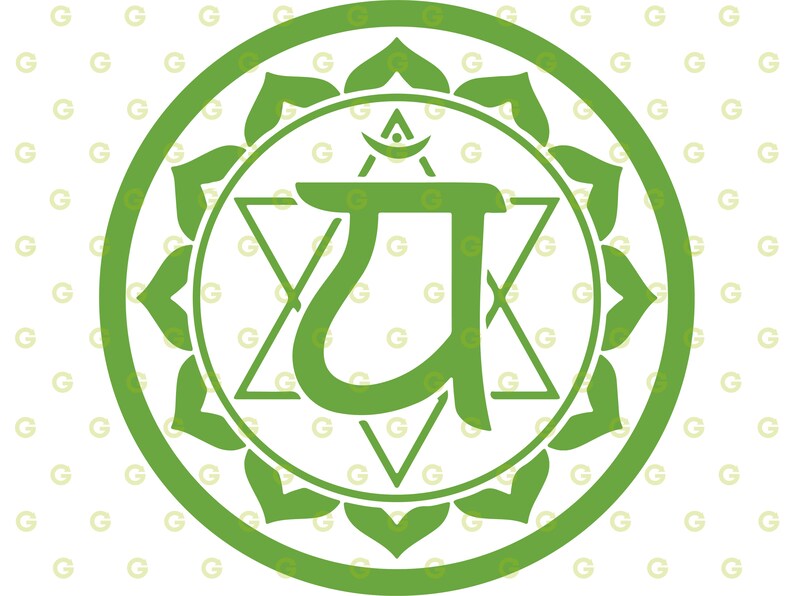 Puede incluir: Ilustraci&oacute;n verde y blanca del chakra Anahata, el chakra del coraz&oacute;n, con el s&iacute;mbolo s&aacute;nscrito del chakra en el centro.