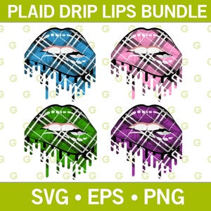 Dripping Lips SVG Bundle Plaid Biting Lips SVG Blue, Green, Pink and Purple Plaid SVG - For Silhouette, Cricut, Sublimation Svg