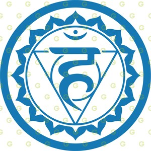 Puede incluir: Una ilustraci&oacute;n azul y blanca del quinto chakra, el chakra de la garganta, que se asocia con la comunicaci&oacute;n y la expresi&oacute;n. El s&iacute;mbolo es un c&iacute;rculo con una flor de loto y un s&iacute;mbolo s&aacute;nscrito en su interior.