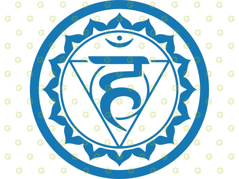 Puede incluir: Una ilustraci&oacute;n azul y blanca del quinto chakra, el chakra de la garganta, que se asocia con la comunicaci&oacute;n y la expresi&oacute;n. El s&iacute;mbolo es un c&iacute;rculo con una flor de loto y un s&iacute;mbolo s&aacute;nscrito en su interior.