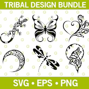 May include: A set of six tribal design SVG cut files. The designs include a butterfly, a heart, a wolf, a dragonfly, a crescent moon, and a gecko.