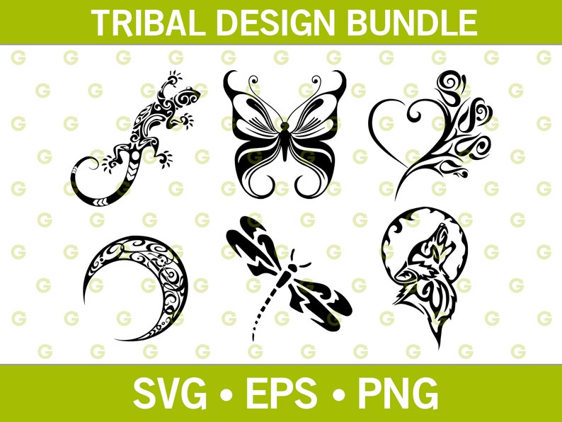 May include: A set of six tribal design SVG cut files. The designs include a butterfly, a heart, a wolf, a dragonfly, a crescent moon, and a gecko.