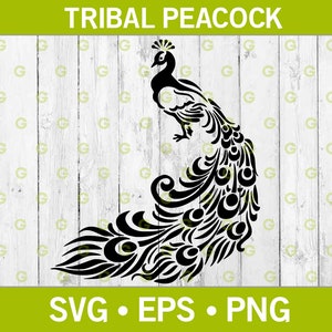 部族の孔雀 SVG、部族の鳥 SVG、部族の動物 SVG、部族の孔雀の羽 SVG、孔雀のカット ファイル、孔雀のデザイン、孔雀のクリップアート