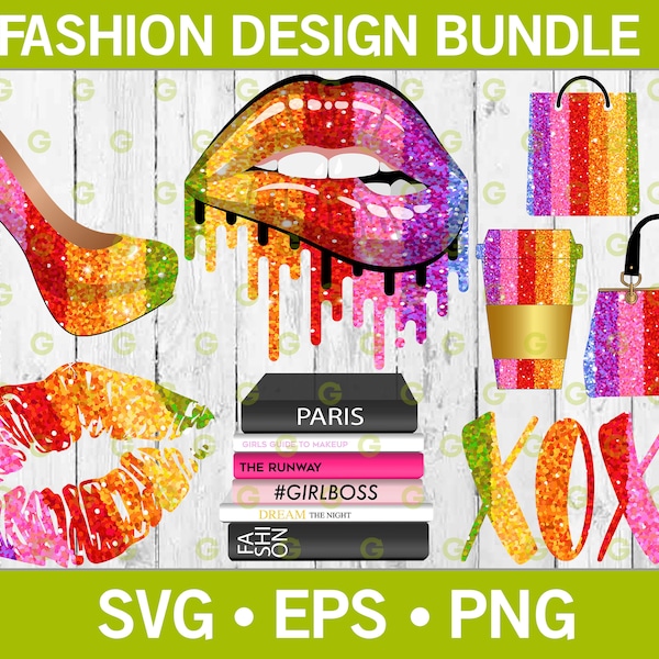 Rainbow Glitter Fashion SVG Bundle, Drip  Lips SVG, Fashion Accessories SVG, Coffee Togo Cup svg, Designer Svg, Purse svg, Purse svg