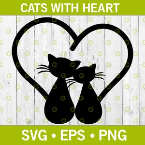 Deux chats et coeur SVG, chat coeur SVG, chaton coeur SVG, Animal Svg, amour chats Svg, Pet Svg, mignon chats Svg, Svg romantique, deux chats Svg