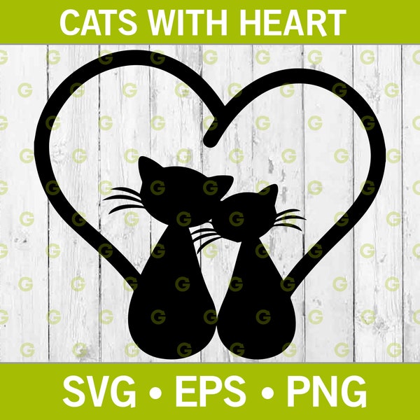 Two Cats and Heart SVG, Cat Heart SVG, Kitten Heart SVG, Animal Svg, Love Cats Svg, Pet Svg, Cute Cats Svg,Romantic Svg, Two Cats Svg