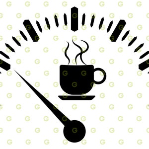 May include: A black and white illustration of a coffee cup with steam rising from it, inside a fuel gauge with a needle pointing to 'E' for empty. The gauge is labeled 'E' on the left and 'F' on the right.