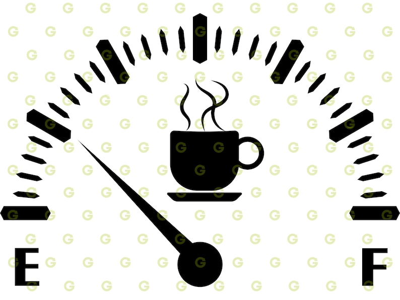 May include: A black and white illustration of a coffee cup with steam rising from it, inside a fuel gauge with a needle pointing to 'E' for empty. The gauge is labeled 'E' on the left and 'F' on the right.