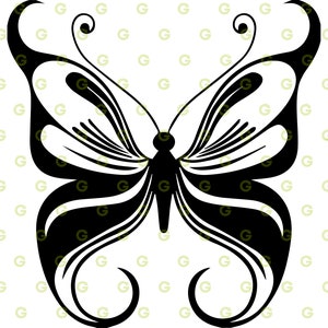 May include: A black and white stylized butterfly with intricate details and a symmetrical design.