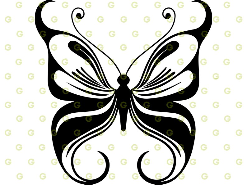 May include: A black and white stylized butterfly with intricate details and a symmetrical design.
