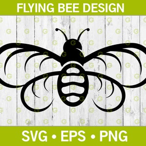 May include: Black silhouette of a stylized bee with wings spread out. The bee has a segmented body and a simple, geometric design.