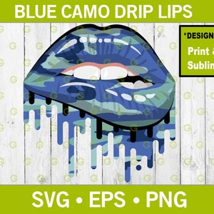Fashion Blue Camouflage Dripping Lips Svg, Drip Lips Svg, Biting Lips Svg, Lips Svg, Fashion Lips Svg, Designer Lips Svg