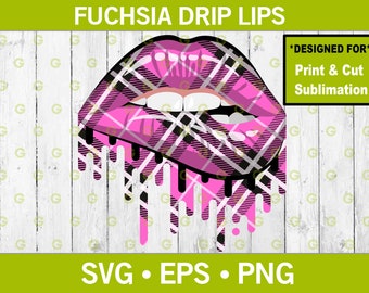 Fashion Fuschia Plaid Dripping Lips SVG, Drip Lips SVG, Biting Lips SVG, Sublimation Lips Svg, Fashion Lips Svg, Designer Lips Svg