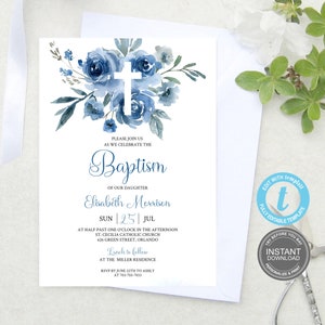 Modèle d'invitation de baptême, fleurs bleues aquarelles, faire-part première communion imprimable, faire-part modifiable, baptême Templett E374