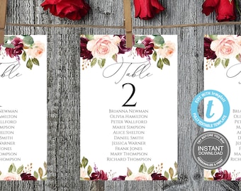 Seating Chart Wedding, Seating Chart Cards, Sizes 5x7", seating chart 4x6", Seating Template, Burgundy, Table Template,FREE Demo E214