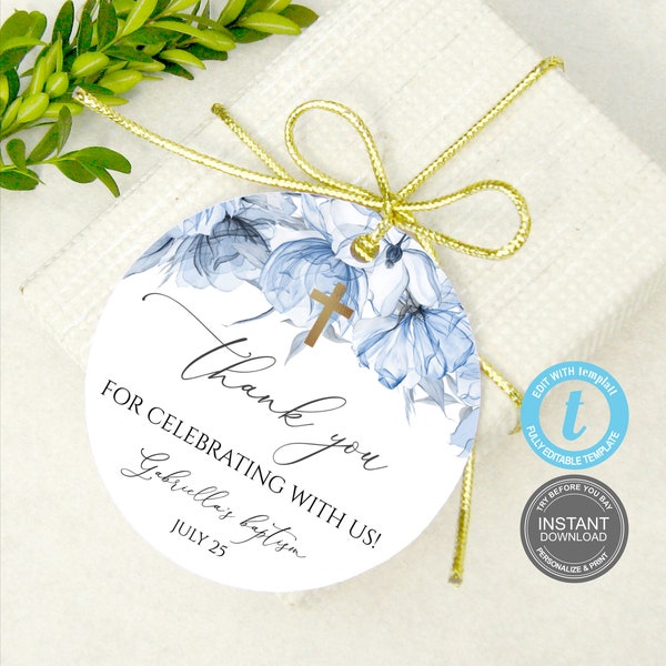 Blue Baptism Thank You Tag Template, Boho Christening Thank You Tag, First Communion Tag, Editable blue Tag, Labels, Baptism Favor Tag E439