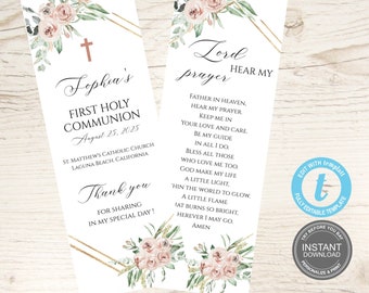 First Communion Prayer Card Template, Baptism Bookmark, Bookmark, Dusty pink, First Holy Communion, first prayer, Templett E436