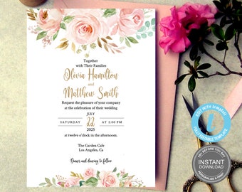 Wedding Invitation, Blush Pink Floral, Gold, Invitation Printable, 100% Editable Wedding Invitation Only, Instant Download, FREE Demo E299
