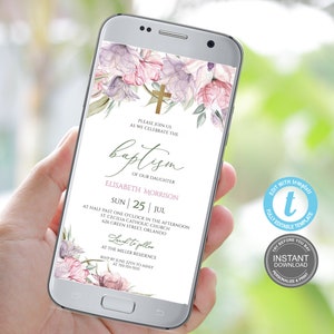 Modèle numérique d'invitation de baptême, modèle d'invitation au baptême, smartphone électronique de baptême, faire-part fille, faire-part modifiable E462