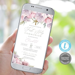 Digital First Communion Invitation Template, Electronic First Communion Smartphone, Invitation Girl, Pink First Communion Evite  E485