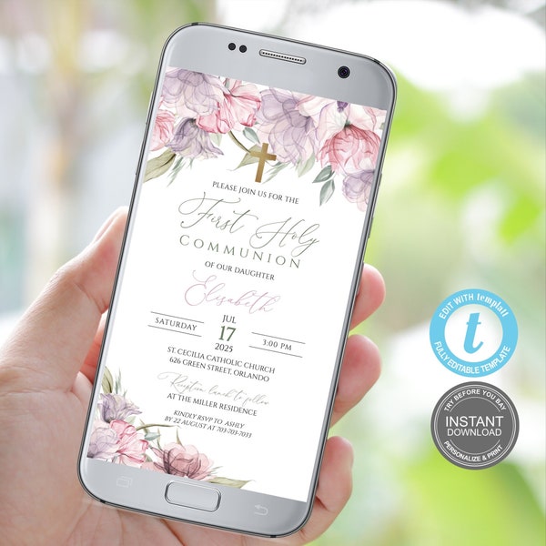 Digital First Communion Invitation Template, Electronic First Communion Smartphone, Invitation Girl, Pink First Communion Evite  E485