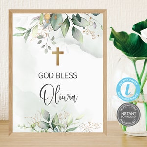 Dios bendiga la plantilla de signo, niño de signo de bienvenida, signo de bautismo, plantilla de invitación de primera comunión, vegetación, bautismo de eucalipto, Templett E365