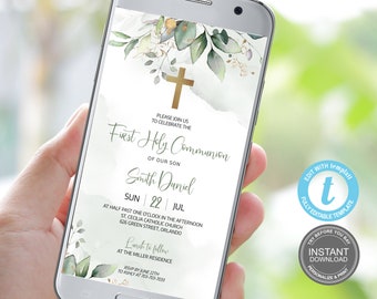 Digital First Communion Invitation Template, Christening Invite Template, Greenery First  Communion Evite, Electronic First Communion E472