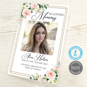 Sjabloon begrafenisprogramma, Floral Memorial-programma, uitnodigingskaart begrafenis, foto, bewerkbare herdenkingsdienst, direct downloaden, GRATIS demo, E73