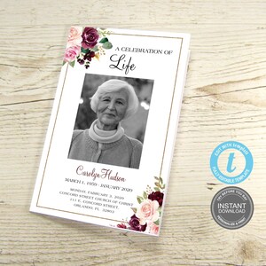 Sjabloon begrafenisprogramma, Floral Memorial-programma, uitnodigingskaart begrafenis, foto, bewerkbare herdenkingsdienst, direct downloaden, GRATIS demo, E164