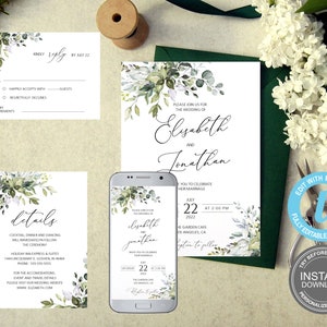 Groen huwelijksuitnodiging set, bruiloft uitnodigingssuite, uitnodigingssjabloon, elektronische uitnodiging, instant download, boho kaart, gratis demo E102