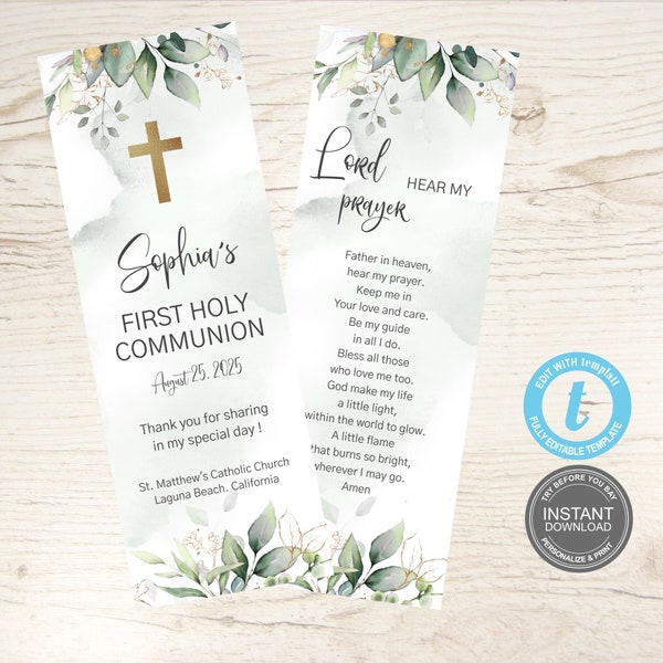 First Communion Bookmark Template, Eucalyptus Baptism, Prayer Card Template, Baptism Bookmark, Boy, First Holy Communion, Templett, E358