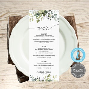 Bruiloft menukaarten sjabloon, aquarel bruiloft, Instant Download, bewerkbare boho-kaart, GRATIS demo E17