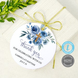 Modèle d'étiquette de remerciement de baptême, étiquette de remerciement de baptême bohème, étiquette de baptême modifiable, étiquette de cadeau bleu modifiable, étiquette de cadeau de baptême E375