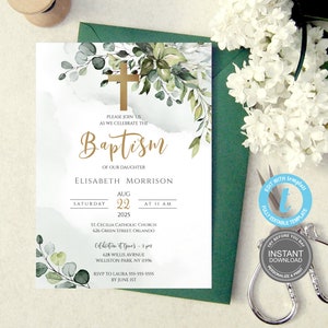 Baptism Invitation Template, Printable Baptism, Invite Watercolor, Electronic Baptism Invitation, Editable boho Card, Greenery leaves E285