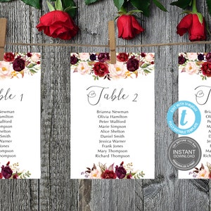 Zitplaatsgrafiek Bruiloft, Zitplaatsgrafiekkaarten, maten 5x7" en 4x6", Zitplaatssjabloon, Bordeaux volledig bewerkbaar, Tabelsjabloon, GRATIS demo E181