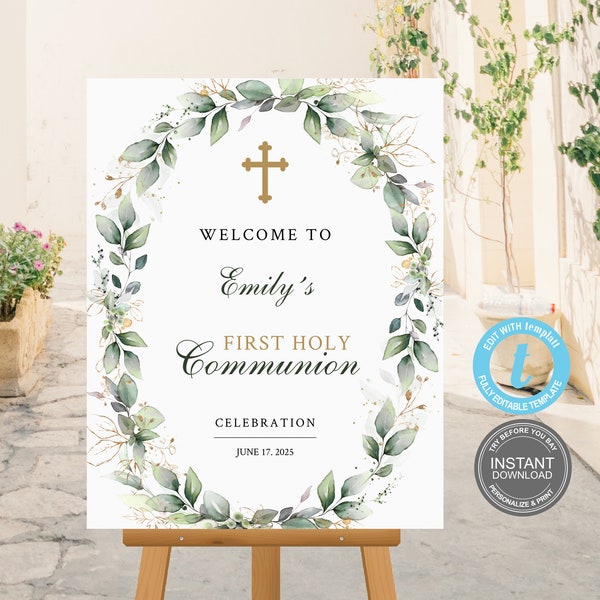 First Communion Welcome Sign Template, Baptism, Instant Download, Fully Editable, Editable boho Card, Try Before You Buy, FREE Demo E421