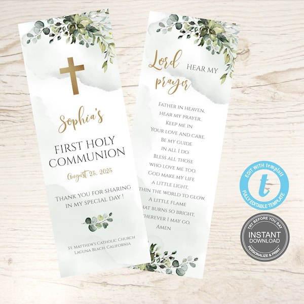 First Communion Bookmark Template, Eucalyptus Baptism, Prayer Card Template, Baptism Bookmark, Girl, First Holy Communion, Templett, E302