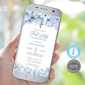 Digital First Communion Invitation Template, Invite Template, Blue 1st communion Evite, Electronic Smartphone, First Communion Boy E489