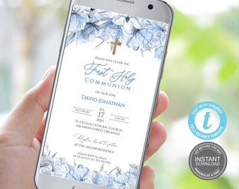 Digital First Communion Invitation Template, Invite Template, Blue 1st communion Evite, Electronic Smartphone, First Communion Boy E489