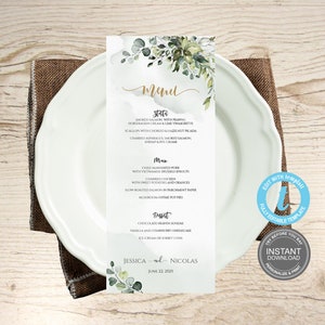 Bruiloft menukaarten sjabloon, Eucalyptus groen gebladerte bruiloft bruids douche brunch diner bewerkbare boho kaart, gratis demo E319