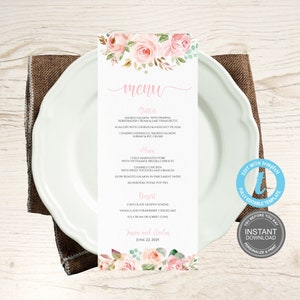 Szablon karty menu weselnego, wesele, natychmiastowe pobranie, różowy kwiat, menu wieczoru panieńskiego, kolacja brunchowa, darmowa wersja demonstracyjna E239