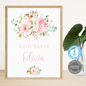 Sjabloon God zegene teken, meisjesdoop, afdrukbare roze bloemen doopbord, sjabloon eerste communie, God zegene, doop, Templett, E504