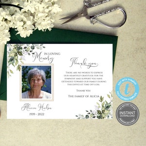 Begrafenis Bedankkaartsjabloon Groen Eucalyptus, Dank u kaartsjabloon, foto, Instant Download, GRATIS demo, E277