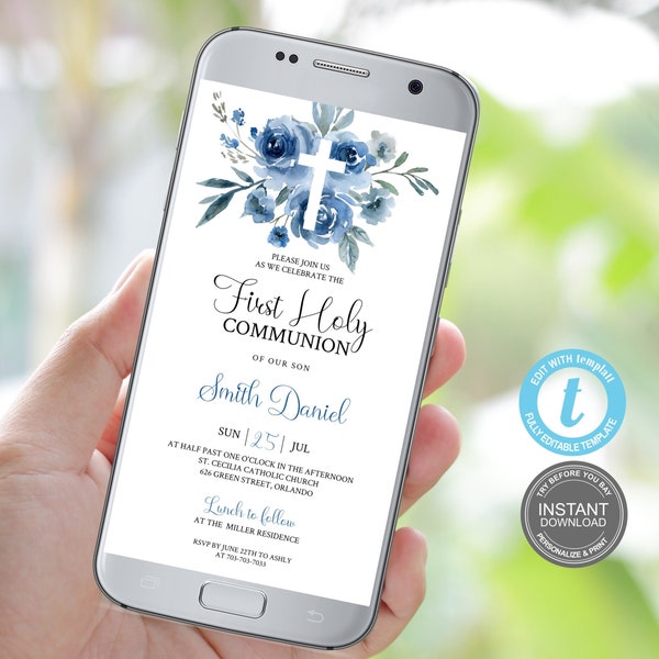 Digital First Communion Invitation Template, Christening Invite Template, Blue First Communion Evite, Electronic First Communion, E507