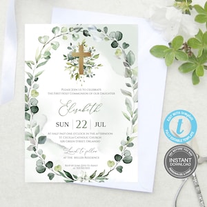 First Communion Invitation Template, Instant Download, Printable First Holy Communion Invitation, Editable Invitation, Templett Baptism E224