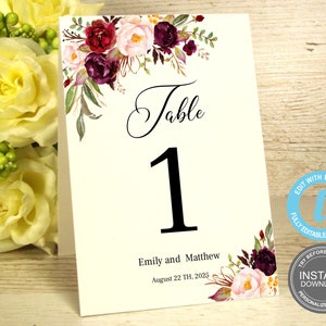 Bourgondische tafelnummers, tabelnummersjabloon, 2 maten: 5 x 7" en 4 x 6", tafelnummers afdrukbaar, direct downloaden, GRATIS demo E193