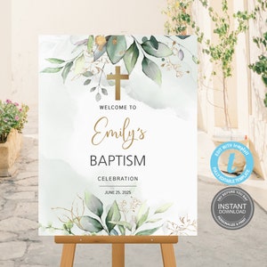 Modèle de plaque de bienvenue pour baptême, première communion, téléchargement immédiat, entièrement modifiable, carte boho modifiable, à essayer avant d'acheter, démo gratuite E373