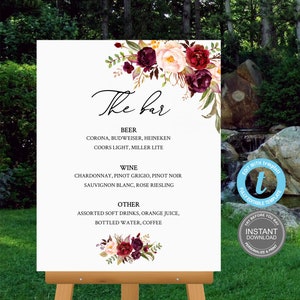 Bar Menu bruiloft teken sjabloon, bruiloft decoratie, afdrukbaar teken, bruiloft menukaarten, sjabloon, Instant Download, gratis demo, E196
